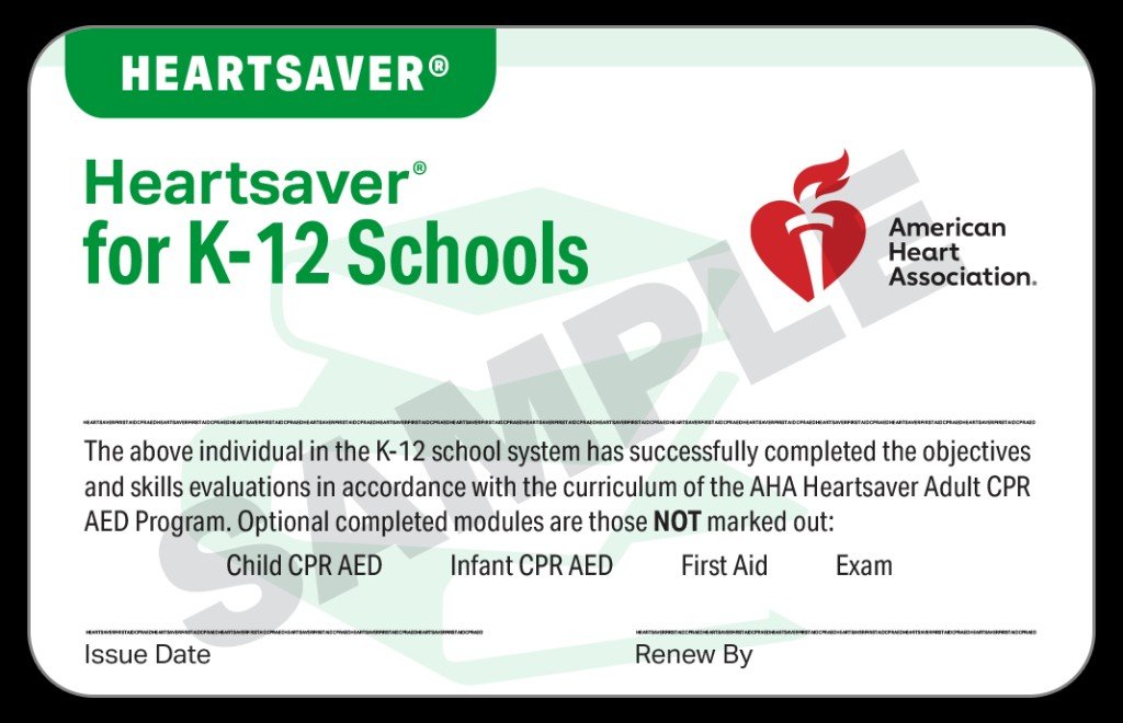 American Heart Association Heartsaver K-12 CPR First Aid AED card